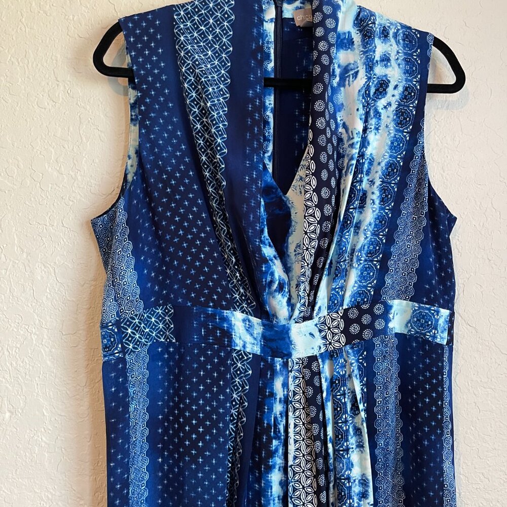 Chico's Boho Blue Geometric Tie Dye Gathered Sleeveless Maxi Dress SZ. 1 US 8